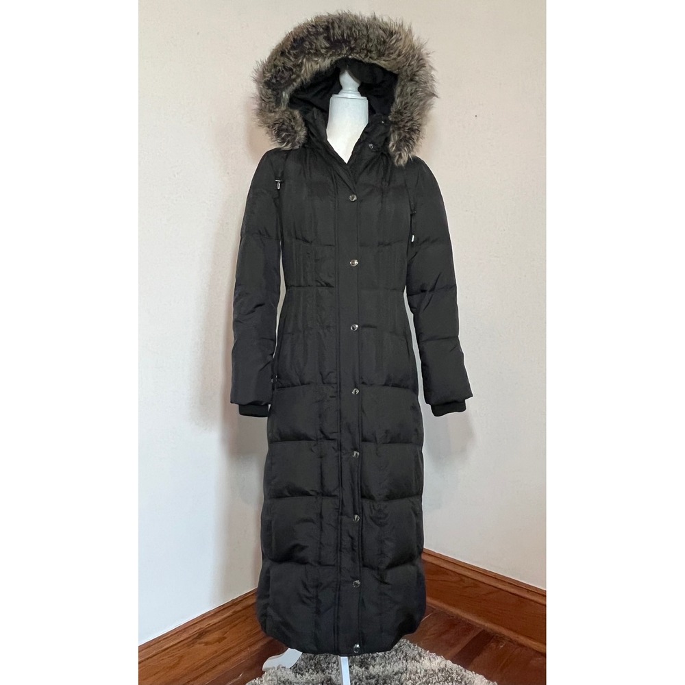 London Fog Long Puffer Coat Women Size S Black Faux Fur Trim Hood Maxi Parka